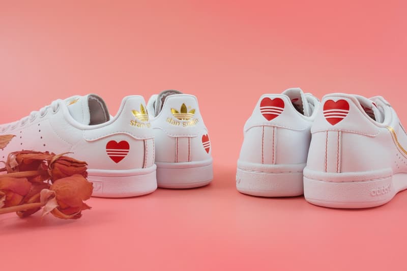 adidas Stan Smith & Continental 80 Valentine's Day Pack Photography First Look VDAY Boyfriend Girlfriend Presents What to Buy Sneakers Release Information Footwear Love Couples Ideas Three Stripes Leather Gold Foil Branding Trefoil